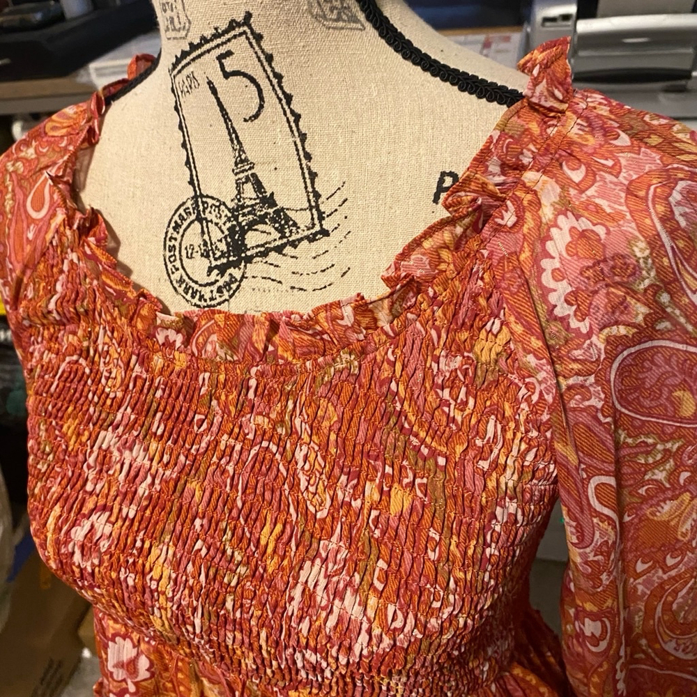 Women's Jacquie the Label Boho Fall Paisley Tencel Smocked Dress, Small, Orange - Picture 5 of 10